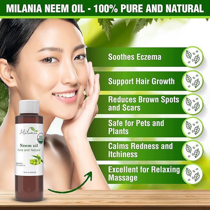 MILANIA Premium Organic Neem Oil Virgin(16 Fl. Oz.), Cold Pressed, Unrefined 100% Pure Natural Grade A. Excellent Quality.