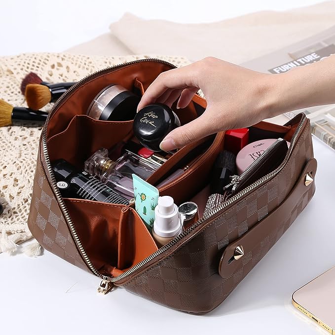 Cessfle Large Capacity Travel Cosmetic Bag Plaid Checkered Makeup Bag Portable Leather Waterproof Skincare Bag with Handle and Divider for Women, 01-Brown