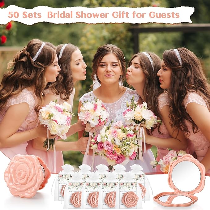 50 Sets Bridal Shower Party Favors for Guests Small Rose Compact Mirror Bulk Wedding Favors Thank You Cards and Organza Bags Wedding Party Guests Souvenir Gift (Pink Champagne)