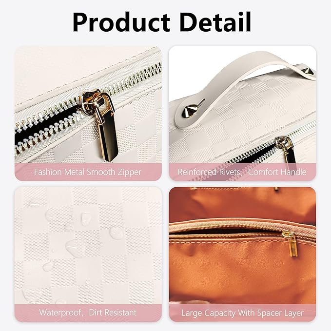 Checkered Makeup Bag Large Capacity Travel Cosmetic Bags for Women Makeup Organizer Bag (White Checkered)