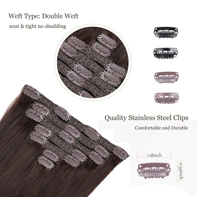 Clip in Hair Extensions for Women,18Inches Premium Straight Double Weft 70g Real Remy Hair Extensions 7pcs 16#2 Dark Brown