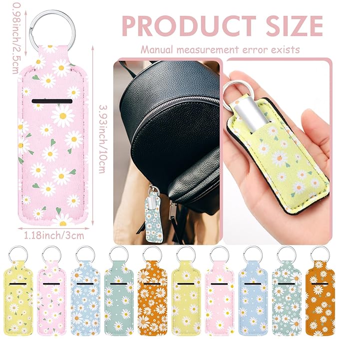 Ctosree 40 Pcs Colorful Daisy Theme Lipstick Holder Keychain Bulk with Portable Clip on Lip Gloss Sleeve Pouch Keychain Daisy Pocket Lip Balm Holder, 10 Pattern