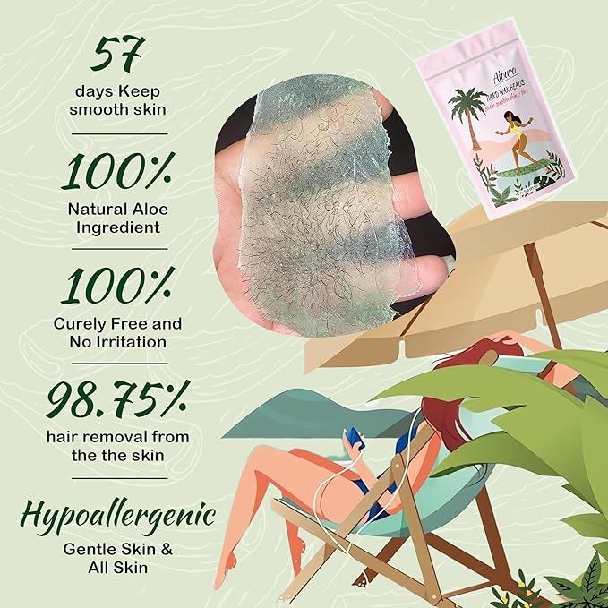 Ajoura 1lb Hard Wax Beads for Sensitive Skin Hair Removal - Aloe Wax for Full Body, Bikini, Face, Eyebrow, Back, Chest, Legs, Armpit, Upper Lip - Home Refill for Wax Warmer Kit (Green)