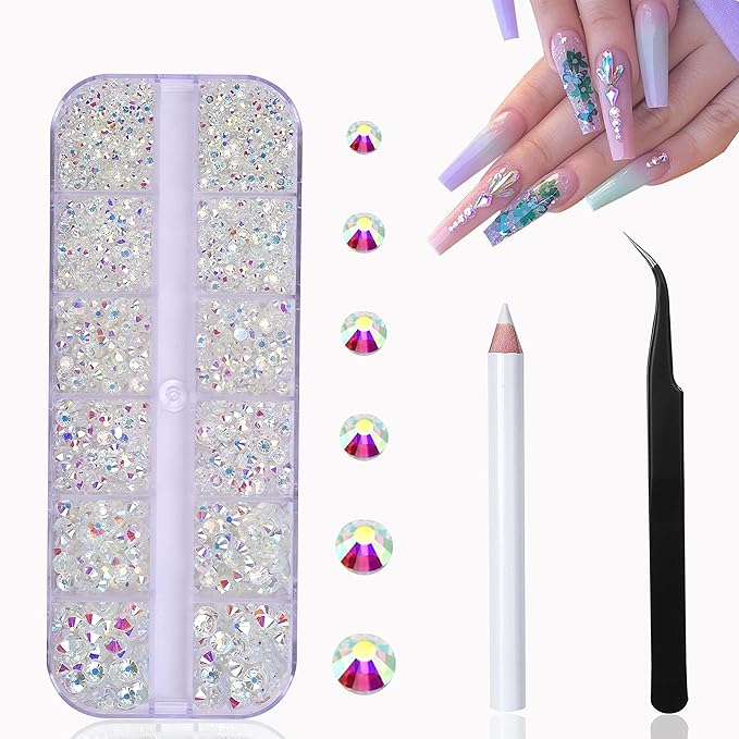 3000 Pcs Nail Art Rhinestones HUETFAT Nail Gems AB Clear Flatback Stones Crystals Mixed 6 Size Nail Diamonds with Storage Organizer Box Wax Pencil Tweezers 3D Jewels for Nail Design (AB Clear)