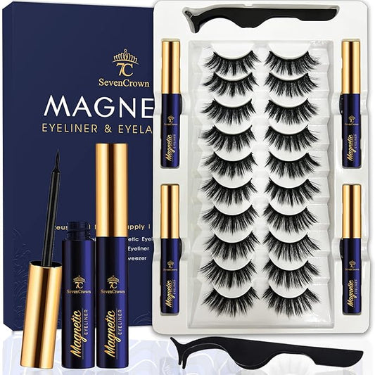 3D Magnetic Eyelashes with Eyeliner, Cat-Eye Magnetic Lashes Natural Looking with 4 Tubes of Liner,Upgraded Waterproof, Long Lasting,10 Pairs Reusable False Eyelashes,