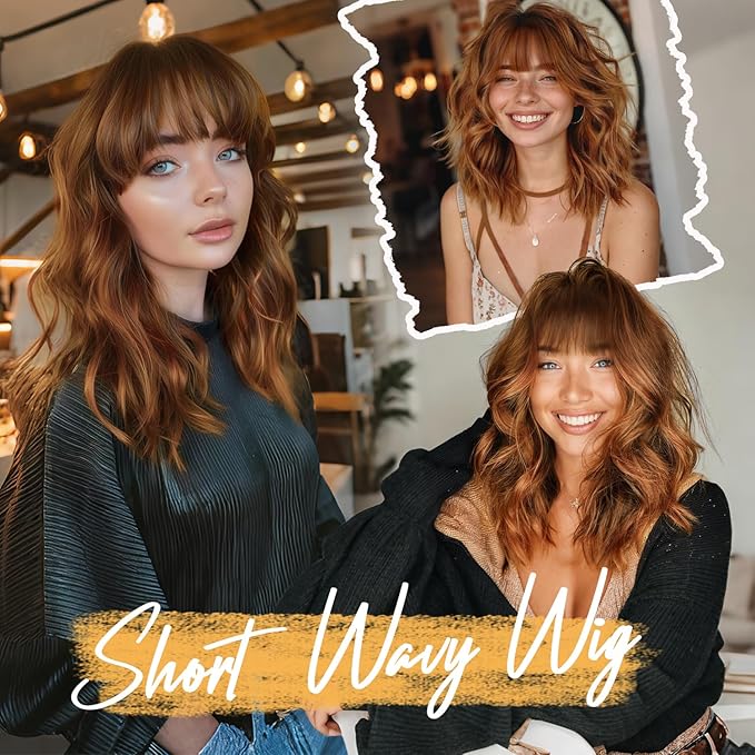 AISI HAIR Synthetic Wavy Curly Bob Wig with Bangs Cooper Blonde Short Wavy Hair for Women Synthetic Heat Resistant Bob Wigs