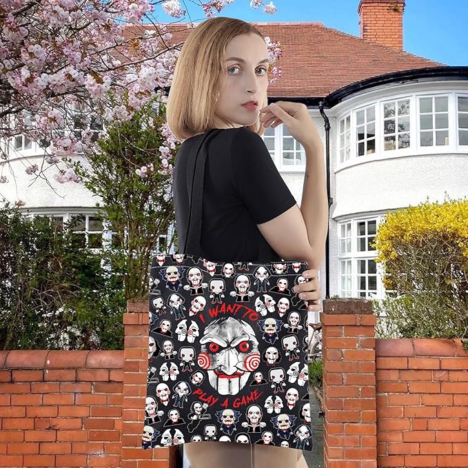 LEVLO Sadistic Thriller Tote Bag Horror Movie Fans Gift I Want To Play A GamePuzzle Horror Shoulder Bag Horror Movie Merch