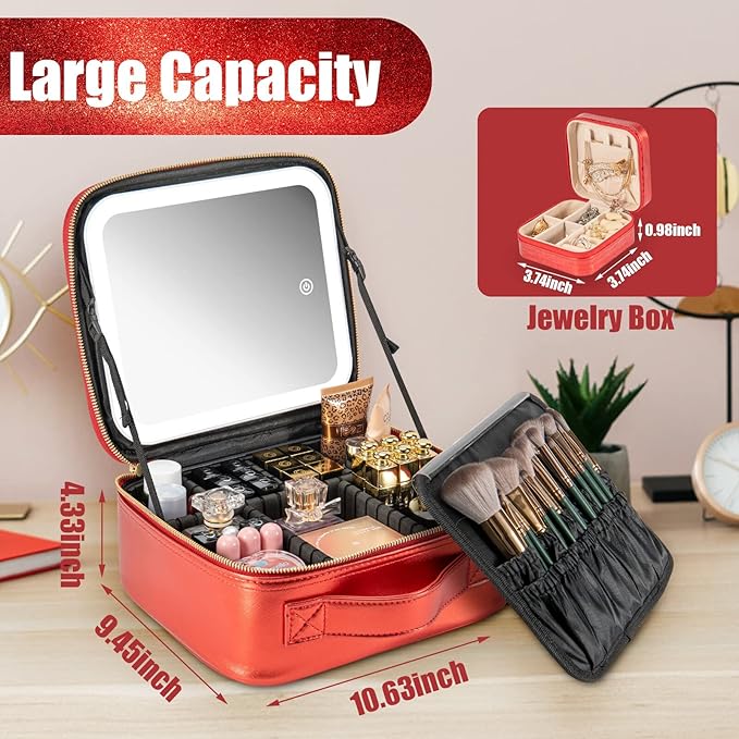 Makeup Travel Train Case with Mirror LED Light 3 Adjustable Brightness Cosmetic Bag Portable Storage Adjustable Partition Waterproof Brushes Make up Jewelry Gift for Women