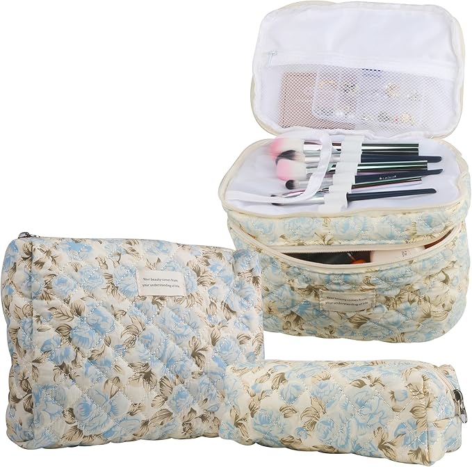 Dual Layer Cute Makeup Bag for Women(3 Pcs), Quilted Floral Coquette Aesthetic Make up Bags, Travel Cosmetic Bags Toiletry Organizer Bag(Blue Leaf)