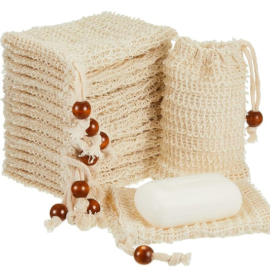 Cunhill 60 Pack Soap Saver Bag Exfoliating Sisal Soap Pouch with Drawstring Bar Wooden Bead Foaming and Drying Exfoliating Net for Bath and Shower