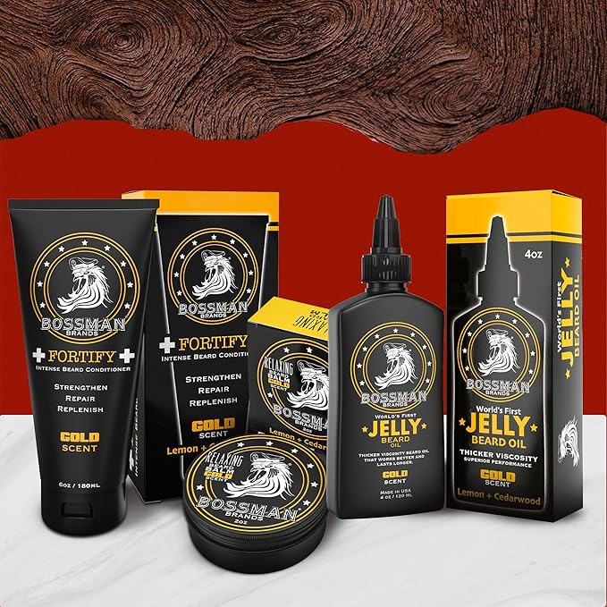 Bossman Essentials Beard Kit for Men - Beard Oil Jelly, Fortifying Conditioner Cream, Beard Balm - Grooming Growth Care Accessories (Gold)