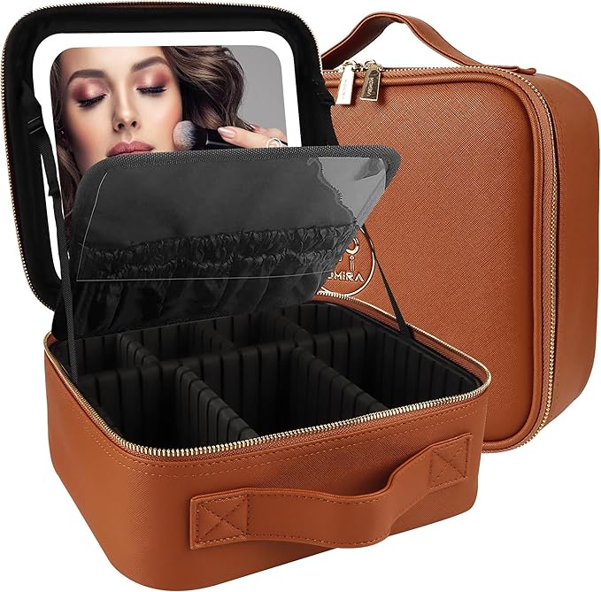 MOMIRA Travel Makeup Bag Cosmetic Bag Makeup Organizer Bag with Lighted Mirror, Adjustable Brightness in 3 Color Scenarios, Waterproof Makeup Train Case, Gift for Women - Tangerine Brown