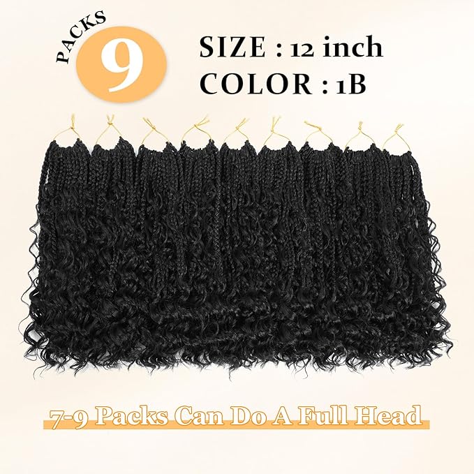9 Packs Goddess Box Braids Crochet Hair Boho Crochet Box Braids With Curly Ends Crochet Hair For Black Women, 12 Inch Pre Looped Bohemian Crochet Box Braids Hair (12Inch 9 Packs,1B)