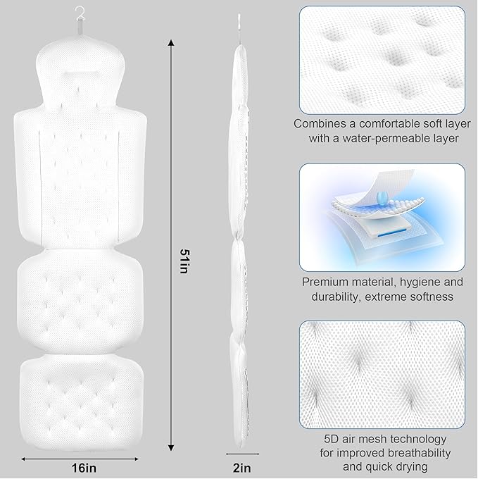 Full Body Bath Pillow, Luxury Bath Cushion with 192 Suction Cups, Bath Pillows for Tub for Head and Neck Support, with Laundry Bag White, 51" x 16"