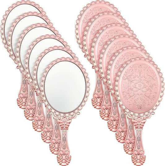 Qunclay 12 Pcs Vintage Handheld Mirror, 9.8" L x 4.5" W Small Rose Gold Embossed Portable Princess Mirror for Classroom Kids Princess Party Favors Travel