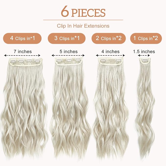 Clip in Hair Extensions for Women - 20 Inch Long Wavy Brown Extensions, 6PCS Ice Brown Hairpieces that Blend Naturally with Your Real Hair (20 Inch, Ice Blonde)