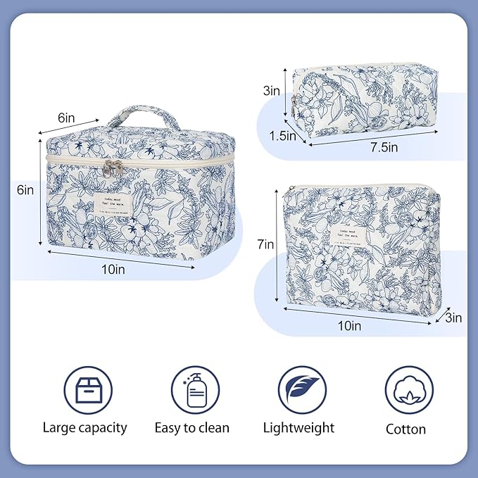 Quilted Makeup Bag,Large Cosmetics Bag Set,Coquette Floral Make up Pouch,Travel Toiletry Bag for Women