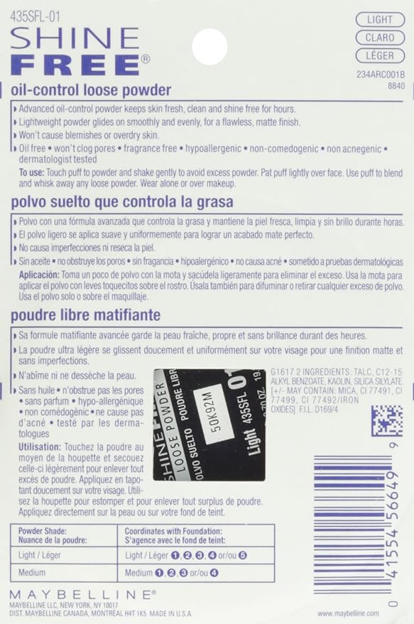Maybelline New York Shine Free Oil-Control Loose Powder, Light; Advanced 100% Oil-free Formula Glides on Evenly and Controls Shine (0.7 ounces)