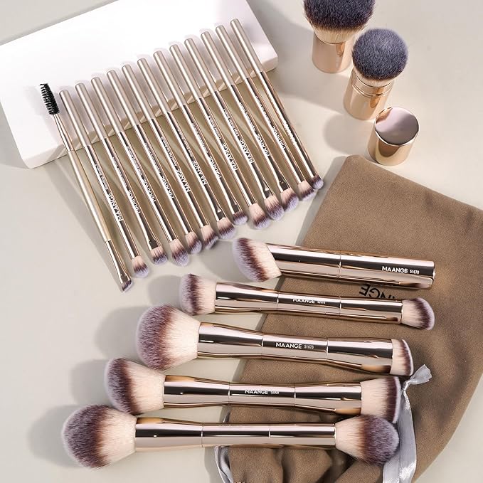 MAANGE 20 PCS Foundation Makeup Brush Set, Double-ended Kabuki Contour Brush for Liquid Powder Concealer Blending Blush Face Makeup Tools (Gold)
