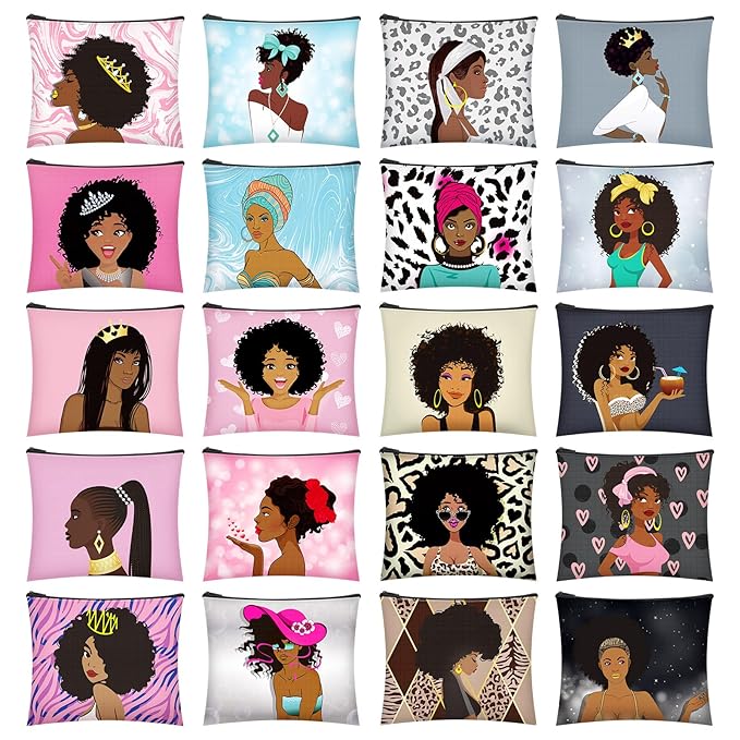 Sweetude 20 Pieces African American Cosmetic Bags Black Women Makeup Bags Afro Queen Canvas Makeup Bags Zipper Pouches for Women Melanin Art Toiletry Purse Travel Accessories Inspirational Gift