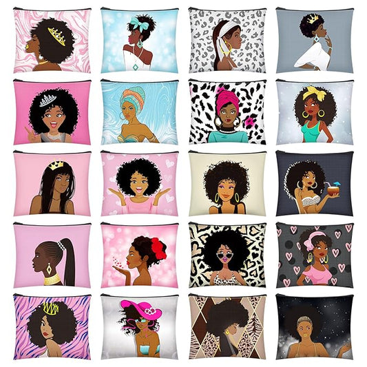 Sweetude 20 Pieces African American Cosmetic Bags Black Women Makeup Bags Afro Queen Canvas Makeup Bags Zipper Pouches for Women Melanin Art Toiletry Purse Travel Accessories Inspirational Gift