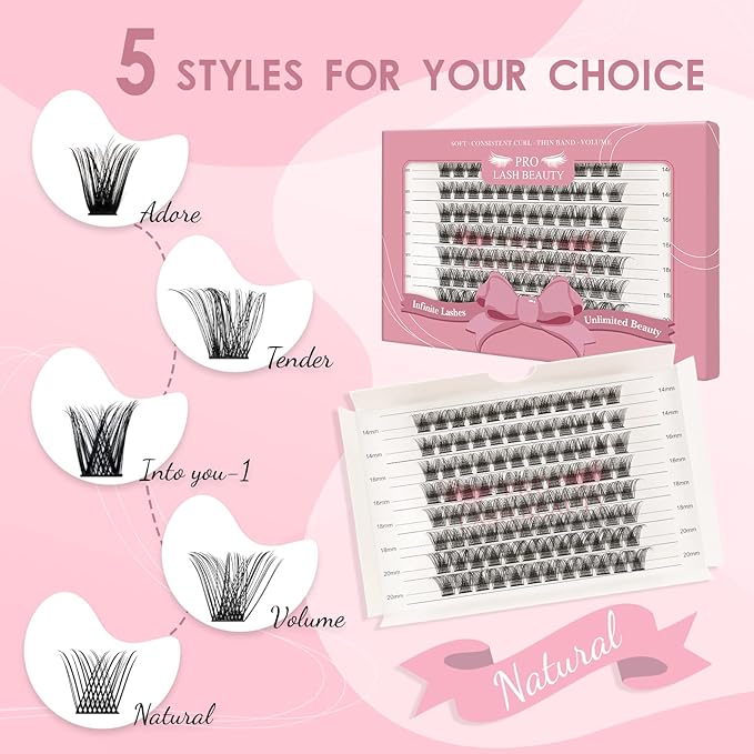 Lash Clusters, 96 Pcs Individual Cluster Lashes DIY Lash Extension Eyelash Clusters Volume Wispy Lashes Super Thin Band Reusable Soft & Comfortable(Natural-D-14-20 mix)