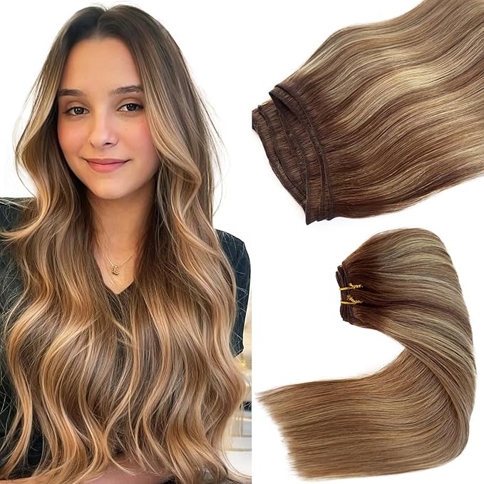 Sew in Bundles Hunan Hair Weft Extensions 24 Inch Ombre Brown Balayage Ash Blonde Highlights Hair Extensions Real Human Hair Sew in 120G Hand Tied Weft Human Hair Bundles Weave Extensions for Women