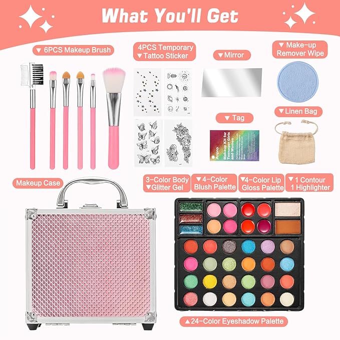 Anpro All-In-One Makeup Carry Case with Pro Teen Makeup Set, Full Starter Cosmetics Kit with Makeup Brushes, Eye Shadows Palette, Blushes, Glitter Gel, Temporary Tattoo Stickers - Blue, Style04