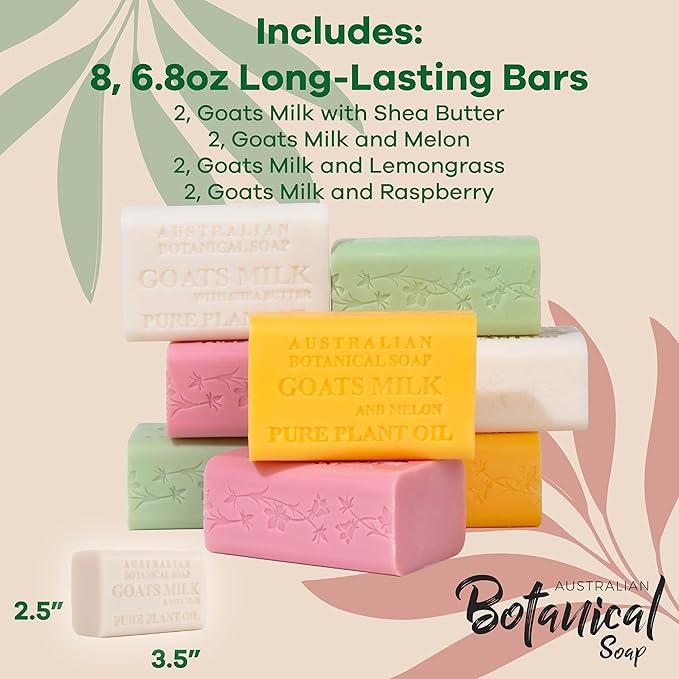 Australian Botanical Goat Milk Soap Bars, 6.8 OZ French Triple Milled Soap for All Skin Types - Lemongrass, Melon, Raspberry, and Shea Butter, Pack of 8