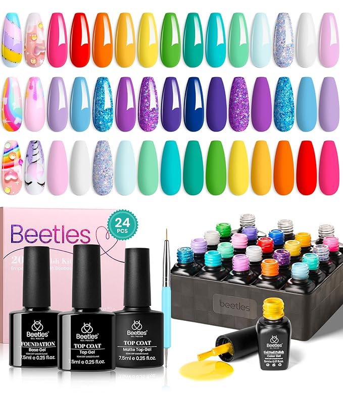 Beetles Neon Gel Nail Polish Set, 24 Pcs Purple Blue Hot Red Gel Nail Polish Green Glitter Gel Polish Unicorn Collection Soak off UV with Glossy & Matte Top and Base for Women