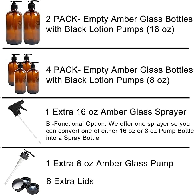Youngever 6 Pack Empty Glass Pump Bottles, 2 Pack 16 Ounce and 4 Pack 8 Ounce Pump Bottles, Soap Dispenser, Refillable Containers (Amber)
