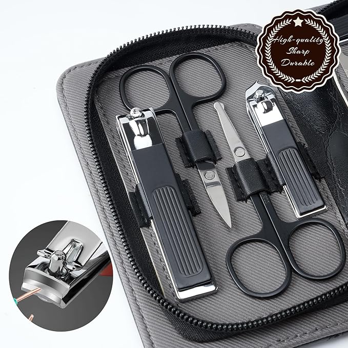 12 in 1 Mens Manicure Set in PU Leather Case, Stocking Stuffers for Adults, Birthday, Christmas Gift, Nail Grooming Kit for Men, Husband, Dad, Boyfriend (Black)