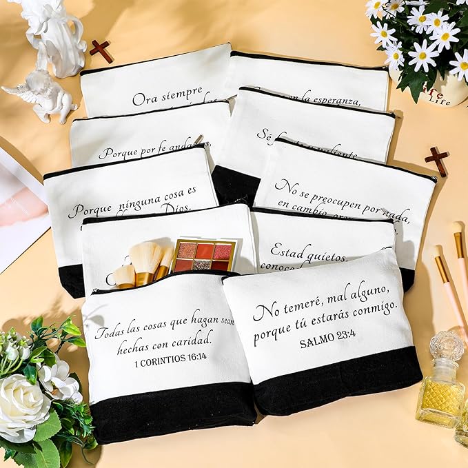 20 Pcs Christian Gifts for Women Religious Makeup Bags Cosmetic Inspirational Bible Verse Pencil Pouch with Zipper Mothers Day Thank You Church Gift Mom Travel Employee(White&black,Spanish)