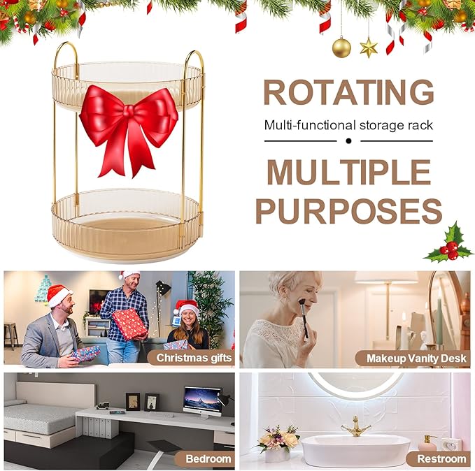 360 Rotating Makeup Organizer, Yellow, Unisex, 2 Tier Countertop Storage, Large Capacity, Cosmetics, Perfume, Skincare, Lipsticks