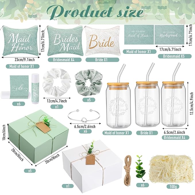 54 Pcs Bridesmaid Proposal Gifts Bridesmaid Box Set Include Bridal Shower Gift Box Makeup Bag Invited Card Glass Cup Lip Balm Scrunchie Hair Knotted Bracelet for Maid of Honor(Green, White)