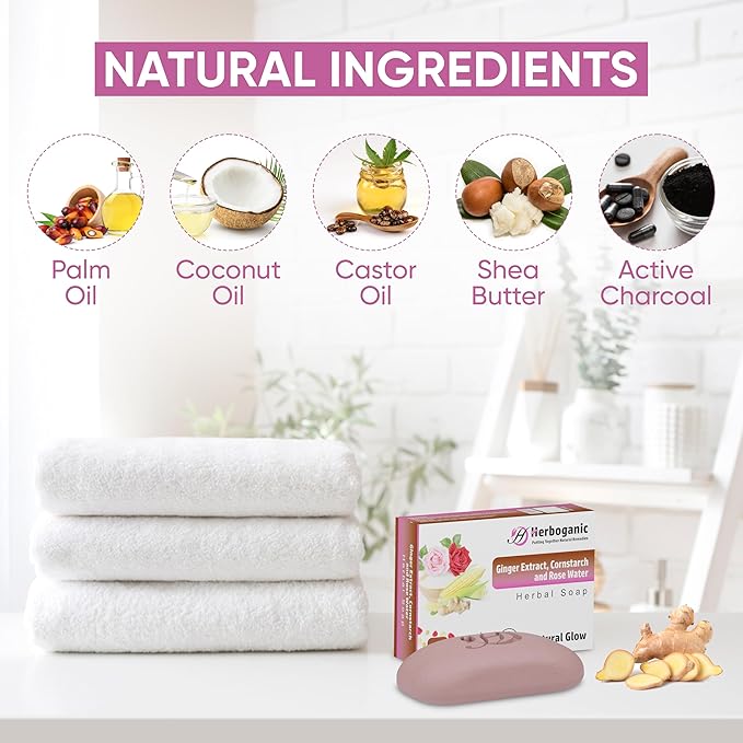 Ginger Extract, Cornstarch and Rose Water Herbal Soap | Pack of 6 of 5oz soap Bar | Ideal for Men and Women, Soothing and Nourishing Soap for Moisturization