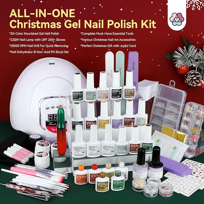 SAVILAND 82PCS Gel Nail Polish Kit with 220W UV Light: 20 Christmas Color Gel Polish 20000 RPM Nail Drill Nails Gloves Complete Tools Accosseries UV Soak-off Nail Kit for Home DIY Christmas Gift