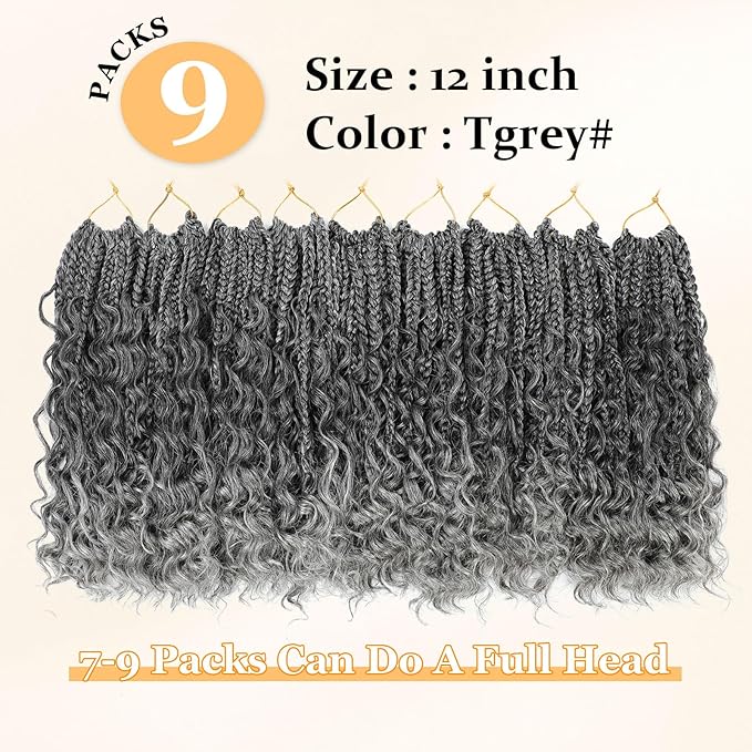 9 Packs Goddess Box Braids Crochet Hair Boho Crochet Box Braids With Curly Ends Crochet Hair For Black Women, 12 Inch Pre Looped Bohemian Crochet Box Braids Hair (12Inch 9 Packs,TGrey)