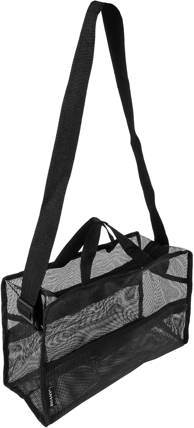SHANY Collapsible Makeup Tools Travel Mesh Bag – Large See-Thru Travel Tote with Shoulder Straps – Water-Resistant with Zippered Pockets – Black
