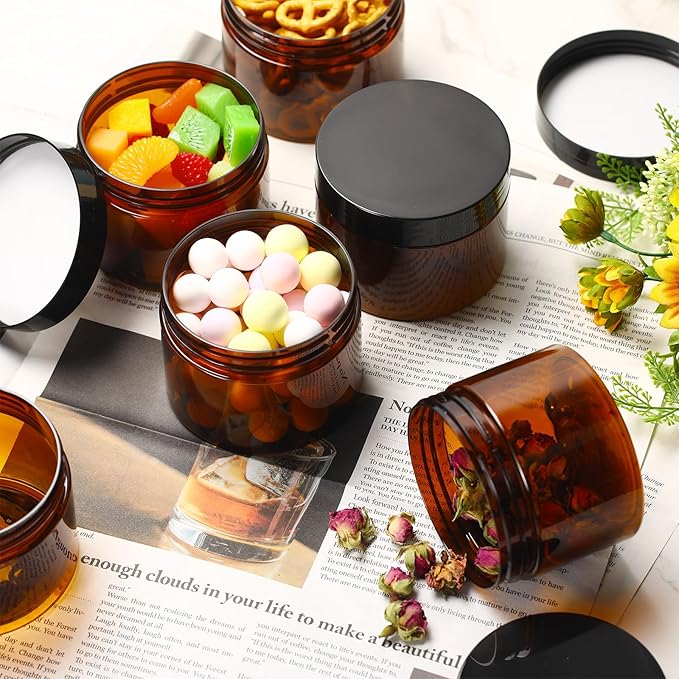 Tanlade 40 Pcs Amber Plastic Jars with Lids Round Cosmetic Containers Amber Jars Refillable Containers for Powder Liquid Food Storage Kitchen Cosmetic Lotion Ointments Creams Essential Oil (10 oz)