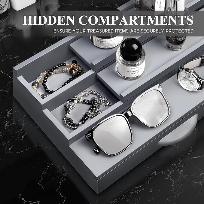 EOSAHR Cologne Organizer for Men - 3 Tier Perfume Stand Organizer with Storage Drawer and Hidden Compartment - Great Gift for Dad & Boyfriend (Gray)