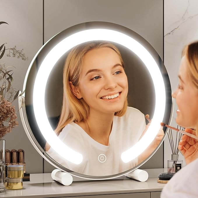 FENNIO Vanity Mirror with Lights, 13 inch COB LED Lighted Makeup Mirror, Round Makeup Mirror with Lights with 3-Color Lighting, 360° Rotation, Dimmable for Tabletop, Bedroom