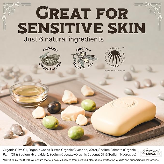 Castile Unscented Bar Soap – 6 Natural Soap Bars for Men, Women, and Kids – EWG Verified with raw Organic Cocoa Butter and Olive Oil by Carolina Castile, 5 oz Each