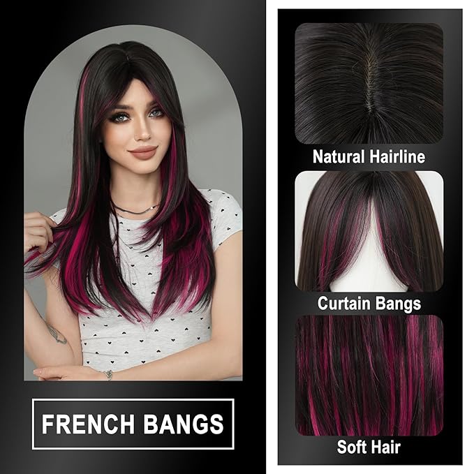7JHH WIGS Natural Black Brown Rose Pink Hihglight Layered Wig with Curtain Bangs Long Straight Pixie Cut Natural Looking Heat Resistant Synthetic Hair Fiber Wigs for Women Daily Used