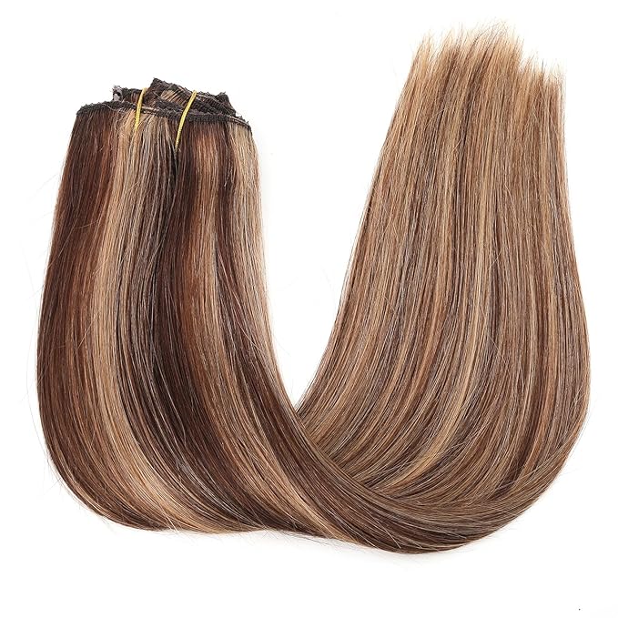 Clip in Human Hair Extensions,120g 8pcs Lace Clip in Real Human Hair Extensions Straight 4/27 Balayage Strawberry Blonde to Medium Brown 14inch