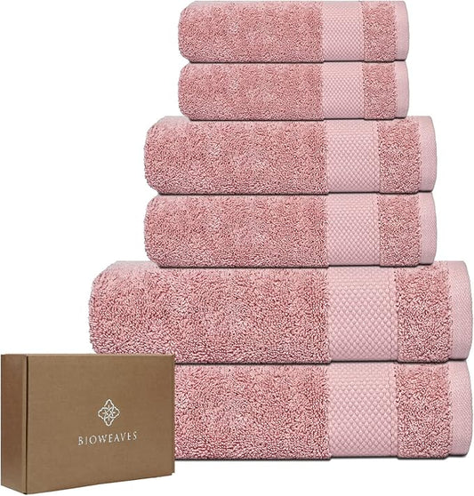 BIOWEAVES 100% Organic Cotton 6-Piece Luxury Bathroom Towels Set GOTS Certified 700 GSM, 2 Bath Towels, 2 Hand Towels & 2 Wash Cloths - Dusty Pink