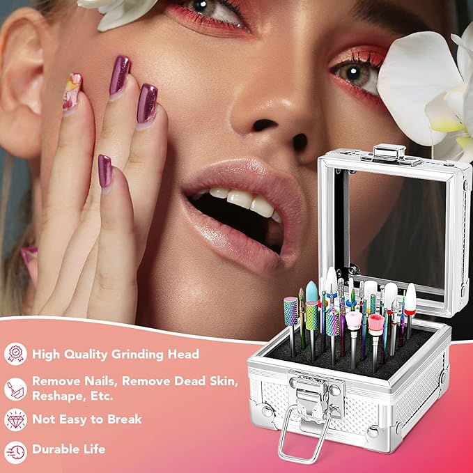 Onism 25Pcs Nail Drill Bits Set - 3/32 Inch Tungsten Carbide Ceramic Nail Bits Kit for Professional Manicure Pedicure Remover for Home Salon Acrylic Gel Nail Polish - With Nail Tool Box, Sanding Bands