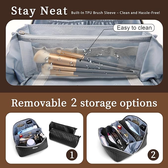 BOYATU Travel Makeup Bags for Women: 3 Pcs Large Make up Bags Set - Vegan Leather Cosmetic Bag for Traveling - Waterproof Toiletry Organizer (L02 Black)