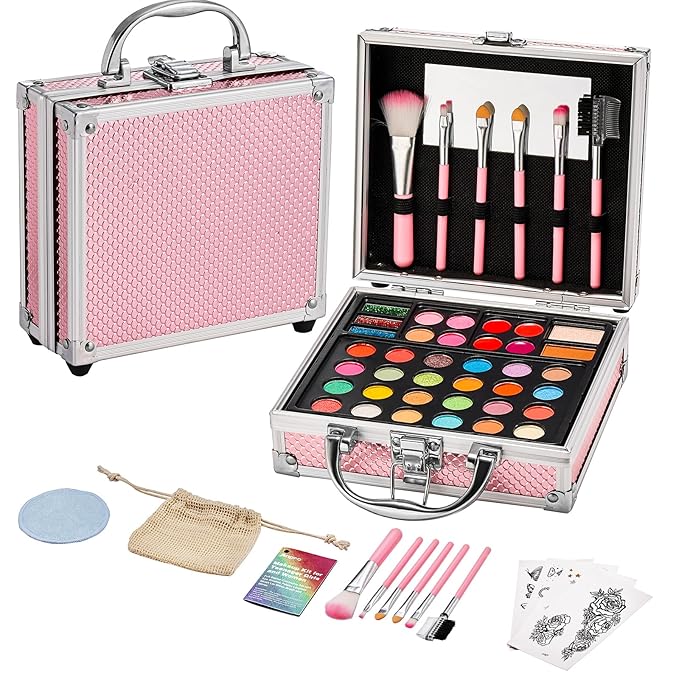 Anpro All-In-One Makeup Carry Case with Pro Teen Makeup Set, Full Starter Cosmetics Kit with Makeup Brushes, Eye Shadows Palette, Blushes, Glitter Gel, Temporary Tattoo Stickers - Blue, Style04