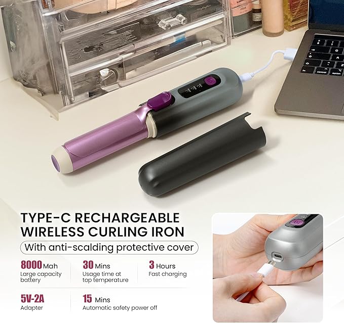 Cordless Curling Iron, Smofrees 8000mAh USB Rechargeable Travel Curling Wand with Protective Cover, 32MM Portable Curling Iron with 100 Million Negative Ion, 3 Temperature Settings, Gradient Gray